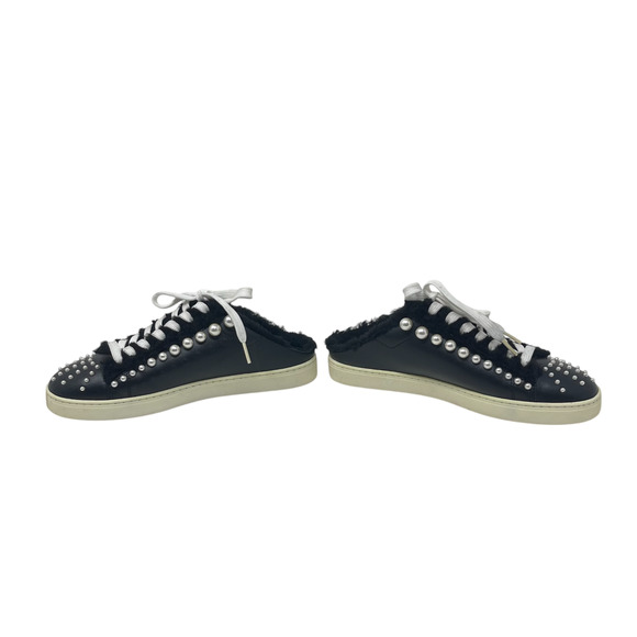 Stuart Weitzman Goldie Embellished Leather Backless Sneakers - Black - Size 7 - Picture 6 of 8